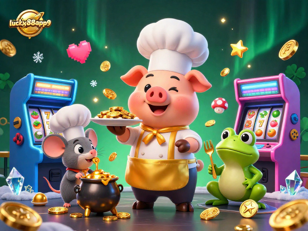 Engage with lucky88app9 as a chef pig serves gold coins amidst lively arcade machines.