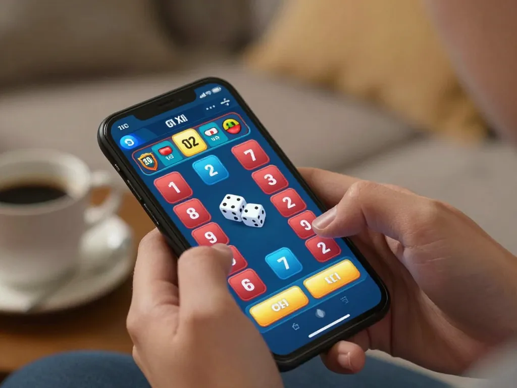 Engaged player enjoying Tài Xỉu online gaming experience with a smartphone, showcasing strategic betting actions.