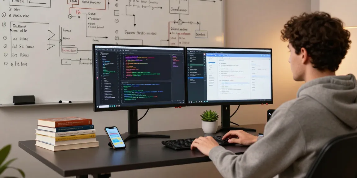 Build internal tools with AI in a modern tech workspace, showcasing a developer at work with code on screens.