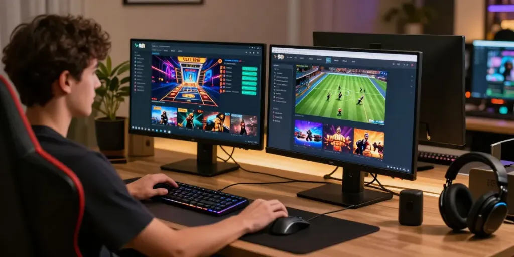 Engaging with online gambling platforms on https://sky88tg.com/ showcasing diverse gaming options and a cozy setup.