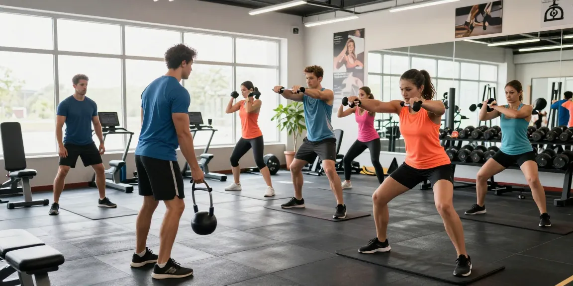 Escena de fitness de Esteroidesshop con atletas entrenando en un gimnasio moderno