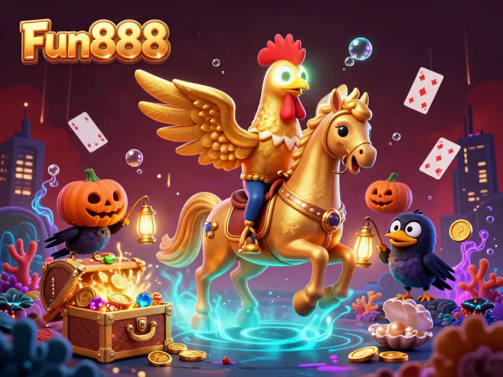 Experience the thrill of Fun888 in a vibrant casino with golden rooster characters and dynamic gaming elements.