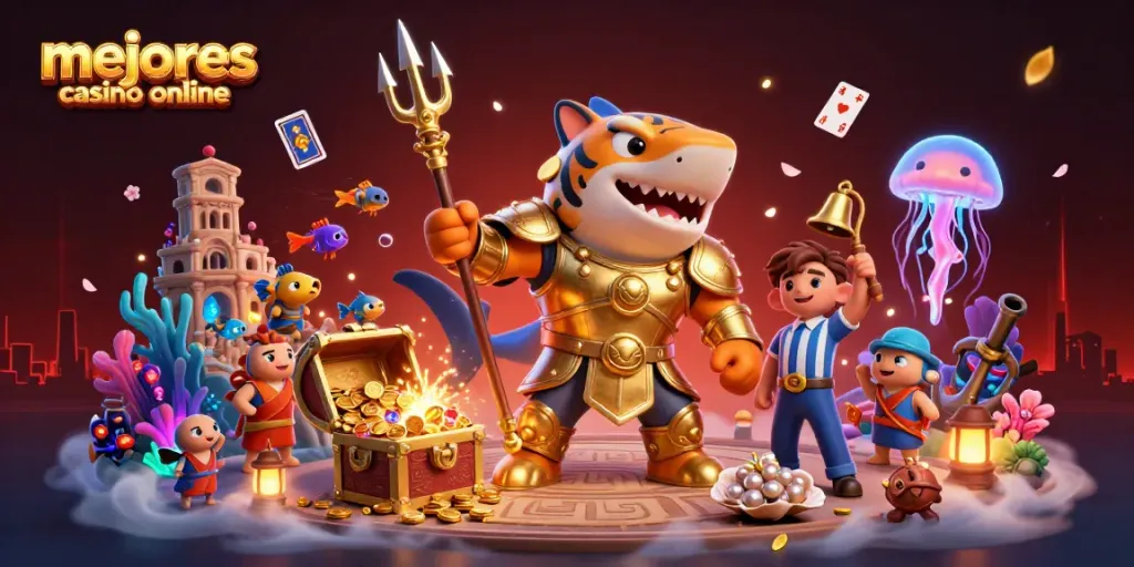 Mejores casinos online: ilustración 3D de un tiburón guerrero en un coliseo submarino con elementos de juego.