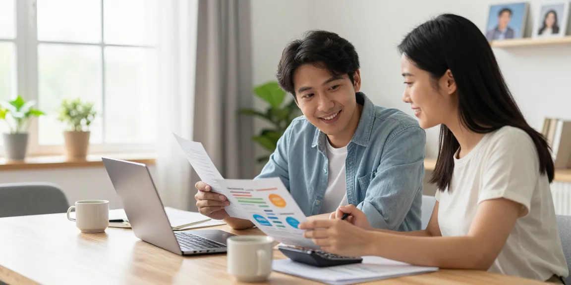 Couple reviewing cuota hipoteca options at home with financial documents.
