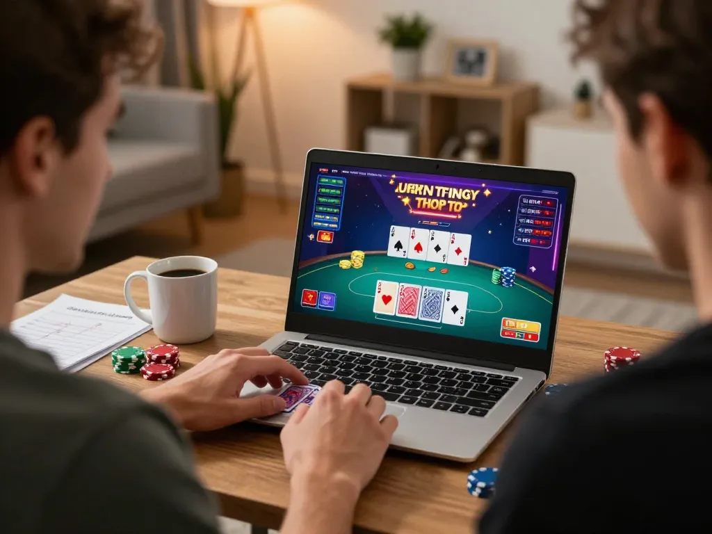Engaged player experiencing NK88 online poker game with vibrant visuals, chips, and strategy notes in cozy home setting.