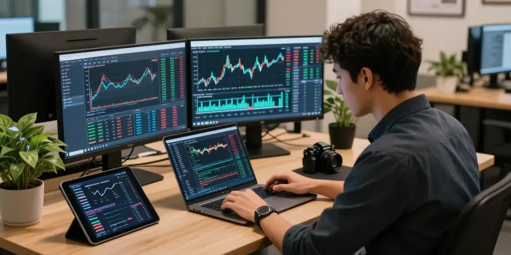 Phuwerte Inwersowia, empresario analizando gráficos de criptomonedas en un espacio de trabajo moderno.