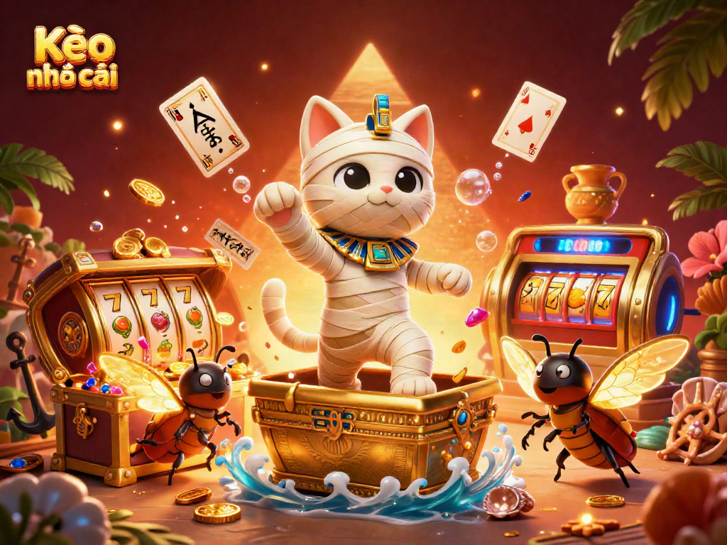 Kèo nhà cái showcases a thrilling casino scene with a mummy cat, treasure, and vibrant slot reels