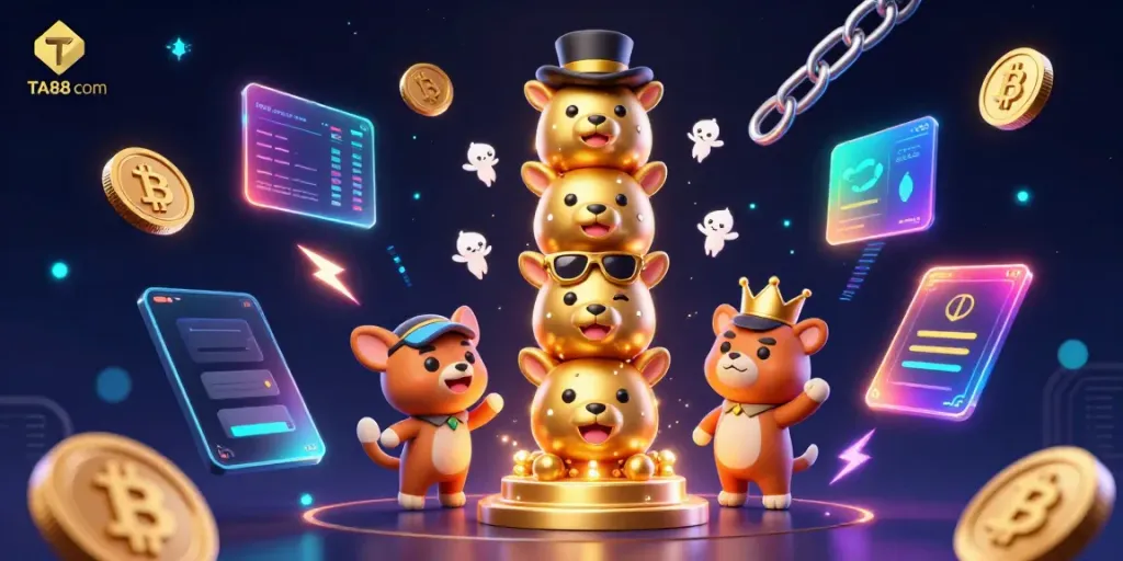Experience dynamic gaming excitement at TA88 com with colorful casino-themed illustrations.