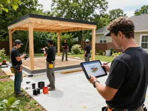 Equipo de instalación en el lugar utilizando software para instaladores de verandas para proyectos de verandas personalizadas, mostrando colaboración y profesionalismo.
