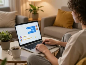 Engaging NSFW chat scene showcasing a relaxed user interacting with an AI chatbot in a cozy setting.