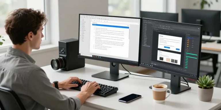Professional workspace featuring multiple screens displaying the WPS Official Website and collaborative tools, emphasizing a modern tech environment.