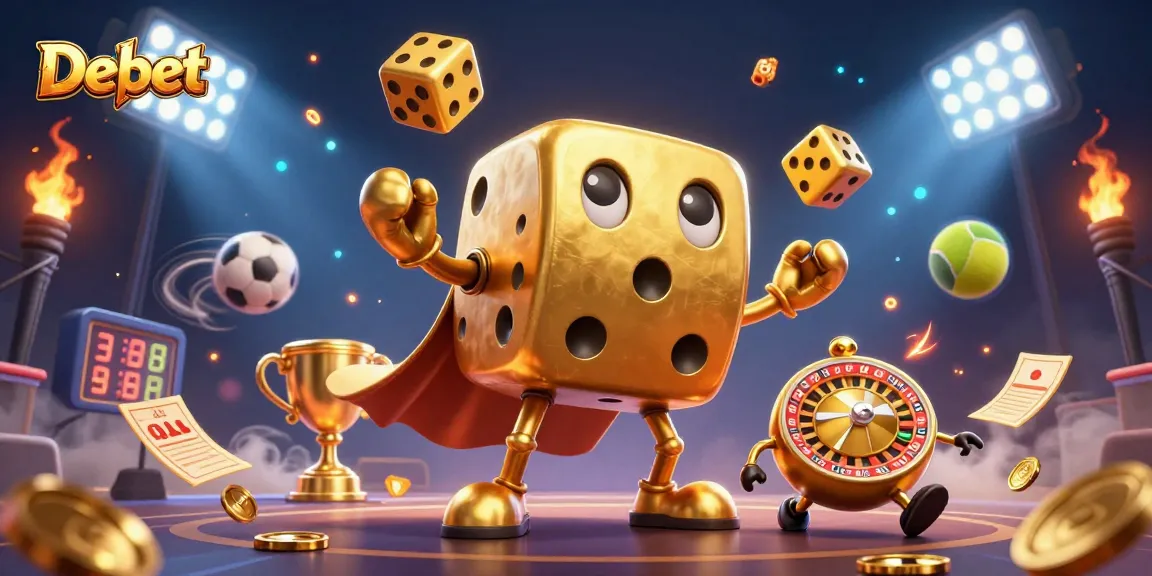 Engage in thrilling bets with Debet's lively gaming scene featuring golden dice and dynamic sports elements.