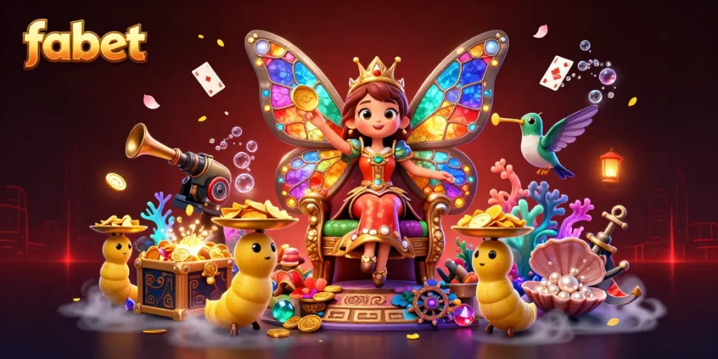 Win big at fabet with a vibrant depiction of a butterfly queen amidst casino elements.