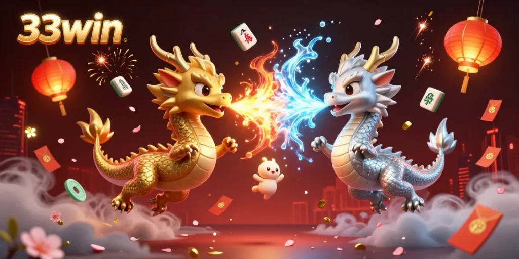 Engage with thrilling games at 33win as golden and silver dragons showcase fire and ice in a dynamic display.