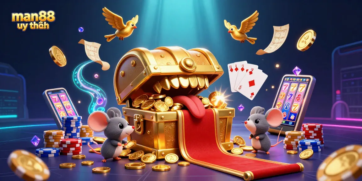 Engage in exciting gameplay with man88 uy tín, surrounded by vibrant casino elements and dynamic treasure chests.