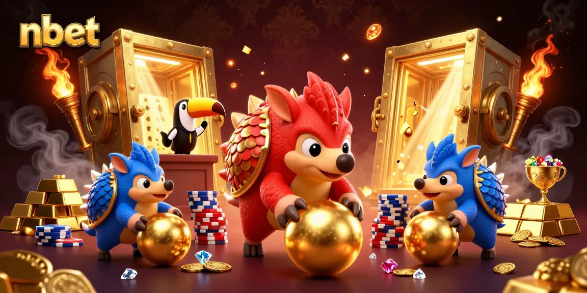 Dynamic scene showcasing nbet's vibrant casino energy with rival pangolins engaging in a game amidst gold and treasure.
