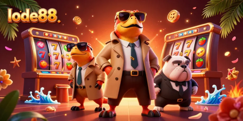 Experience slots excitement with lode88 as three cartoon raptors seek VIP access in a vibrant casino.