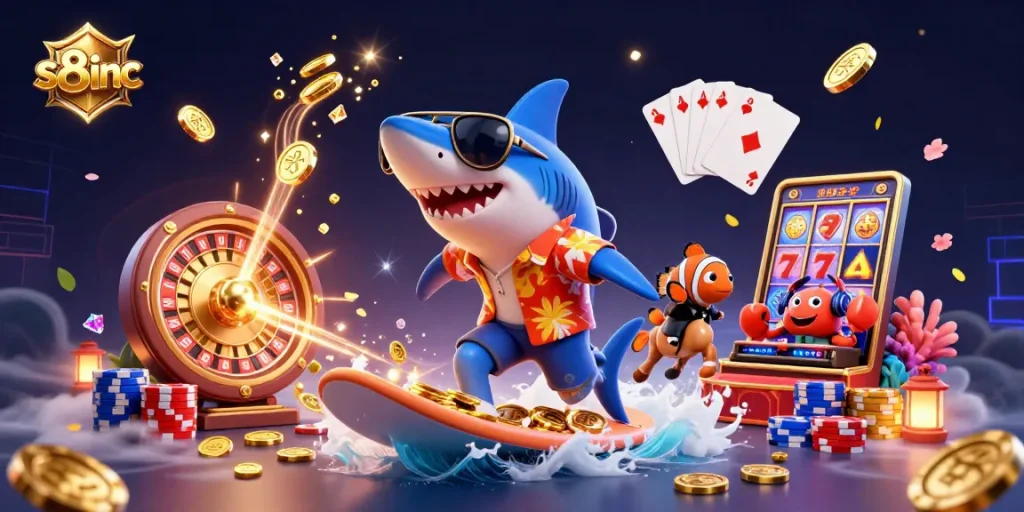 Win big at s8inc with the lively 3D illustration of casino fun featuring a surfing shark, clownfish, and a crab DJ.