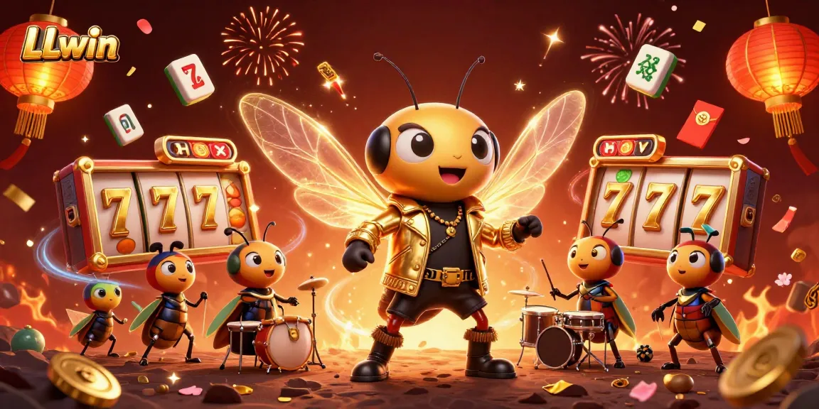 Experience thrilling wins at LLwin with vibrant slot reels, a rock star cicada, and festive casino elements.