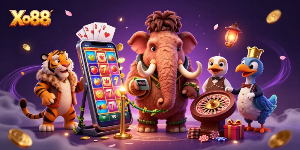 Xo88's vibrant 3D illustration showing a woolly mammoth checking IDs, with casino symbols surrounding