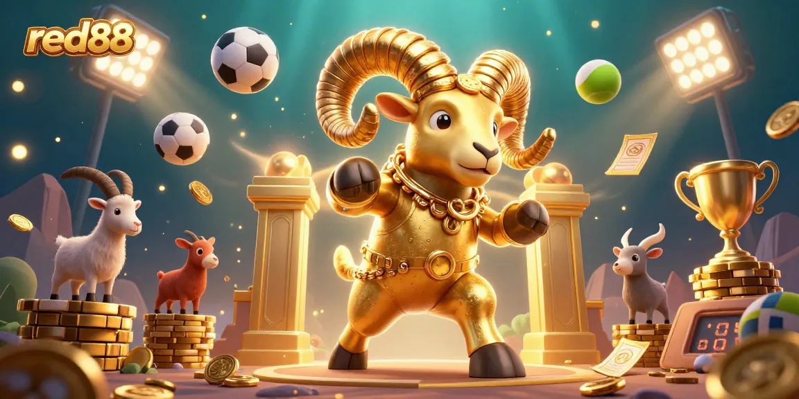 Experience big wins with red88 as a golden ram charges through a vibrant sports betting arena.