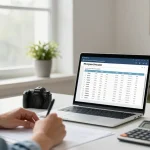 Calculate cuota hipoteca using mortgage simulator in a modern home office.