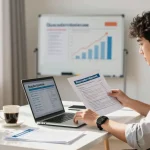Professional comparing mortgage options on the buscador hipotecas in a bright home office.