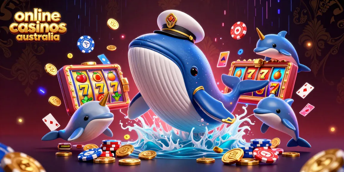 Experience exciting gameplay in online casinos australia with playful dolphins and a majestic whale amidst coins.