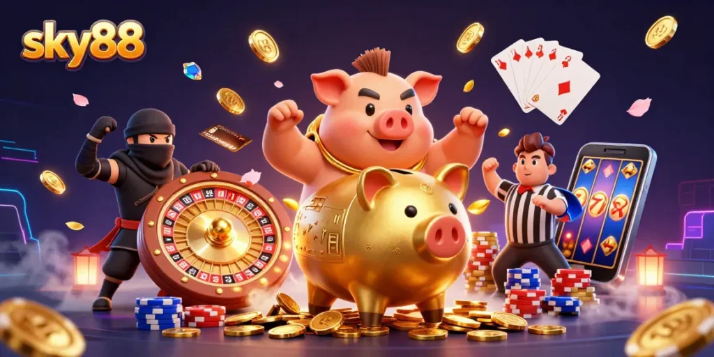Experience excitement with sky88 as golden coins fly from a vibrant casino scene.