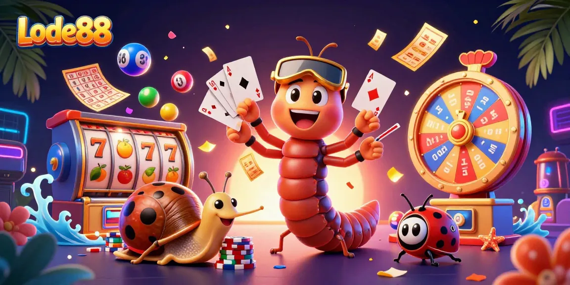 Lode88 showcases an exciting casino scene with colorful slot reels and lively characters.
