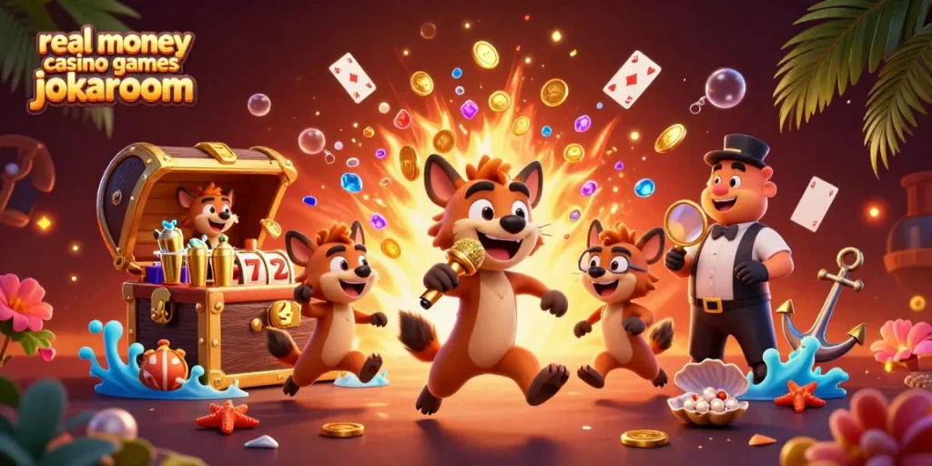 Experience real money casino games jokaroom with playful hyena characters in a vibrant casino setting.