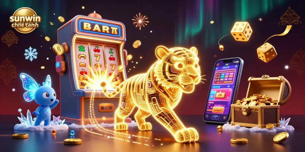 A golden tiger representing sunwin chính hãng maneuvers through a vibrant casino landscape with jackpot slot machines and shimmering treasures.