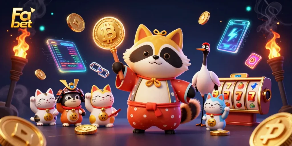 Engage with Fa bet's vibrant casino illustration featuring tanuki, cryptocurrencies, and joyful symbols.