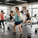 Entrenamiento en el gimnasio de Esteroidesshop, personas realizando ejercicios con pesas y equipo moderno.