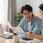 Couple reviewing cuota hipoteca options at home with financial documents.