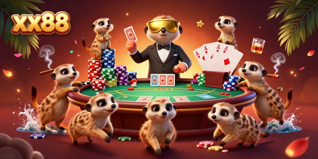 Experience the thrill of xx88 casino with meerkats engaging in a lively poker game.