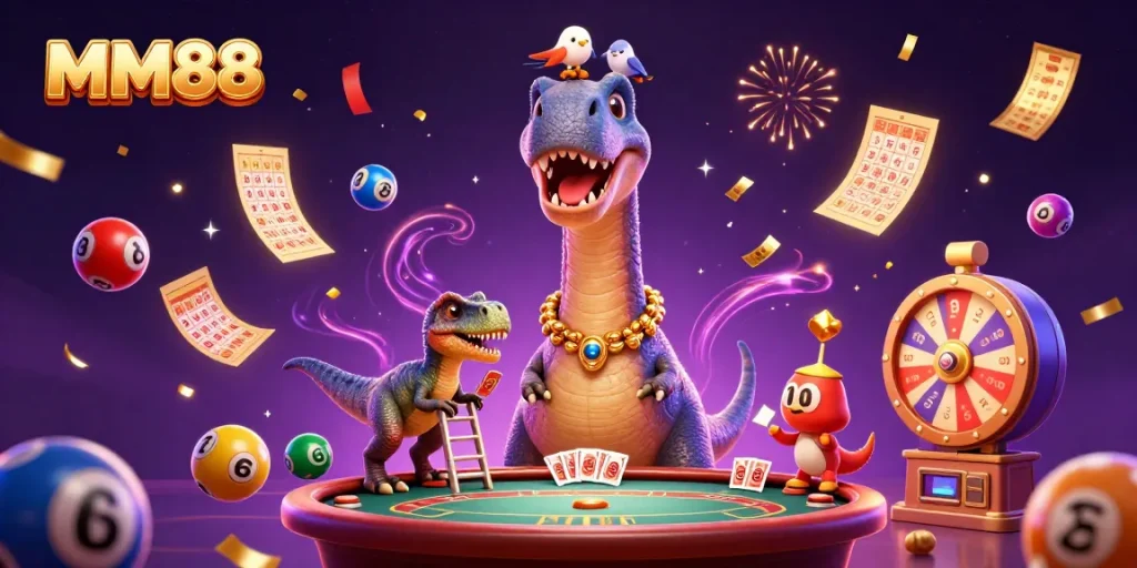 MM88 showcases a vibrant 3D casino scene featuring a brontosaurus and raptor, enhancing your gaming experience.