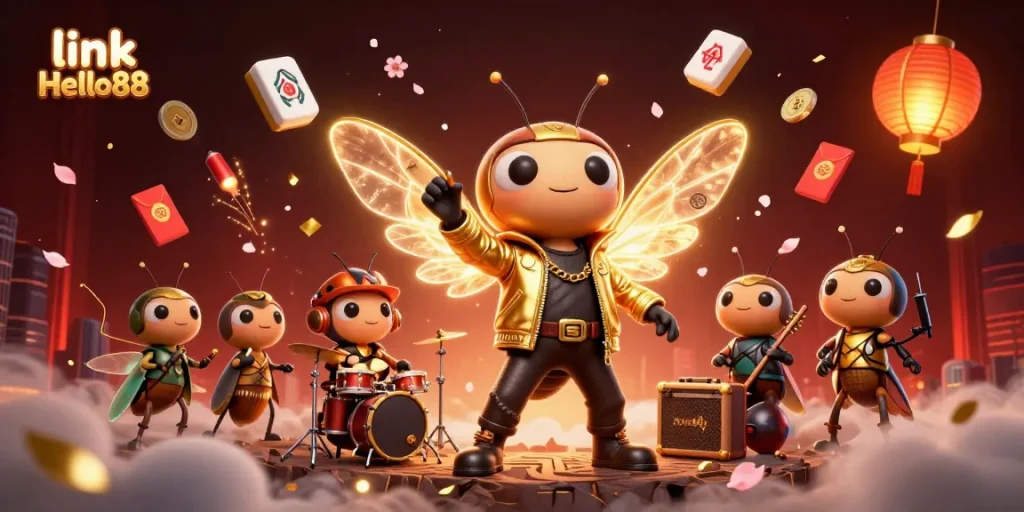 Experience excitement with link Hello88 at this vibrant casino scene illustrating a cicada rock star and mahjong elements.