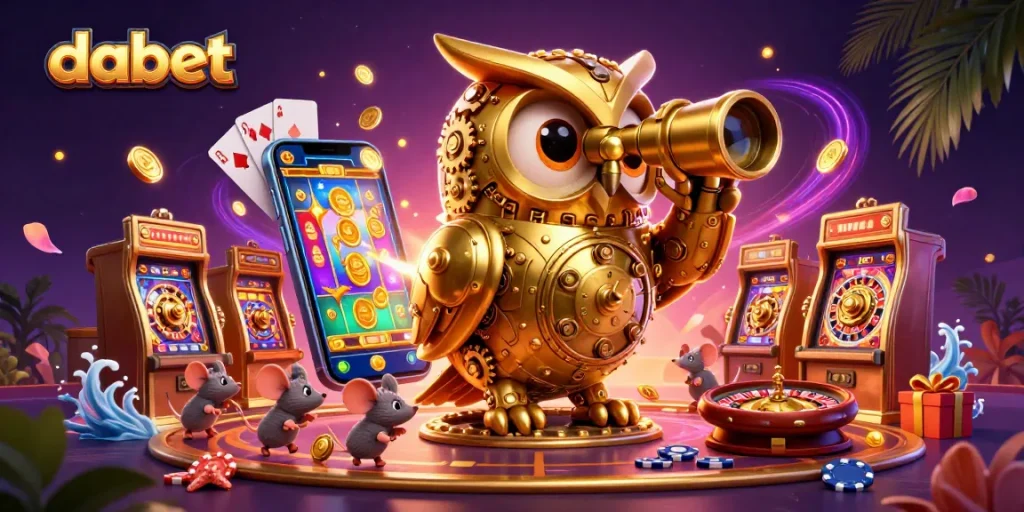 Experience vibrant dabet gameplay with a dynamic scene of casino characters and gaming elements.