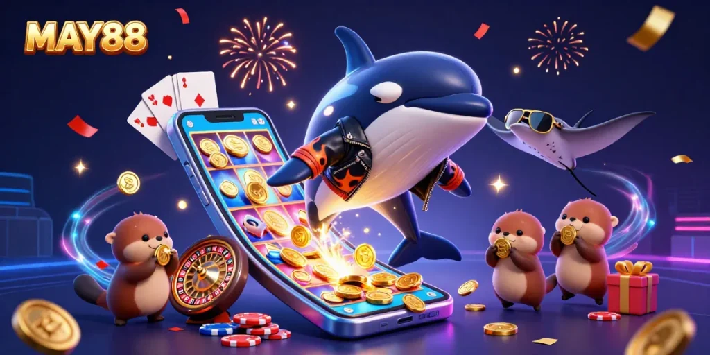 Experience gaming excitement with MAY88, featuring a spirited orca and sea otters amidst vibrant casino elements.
