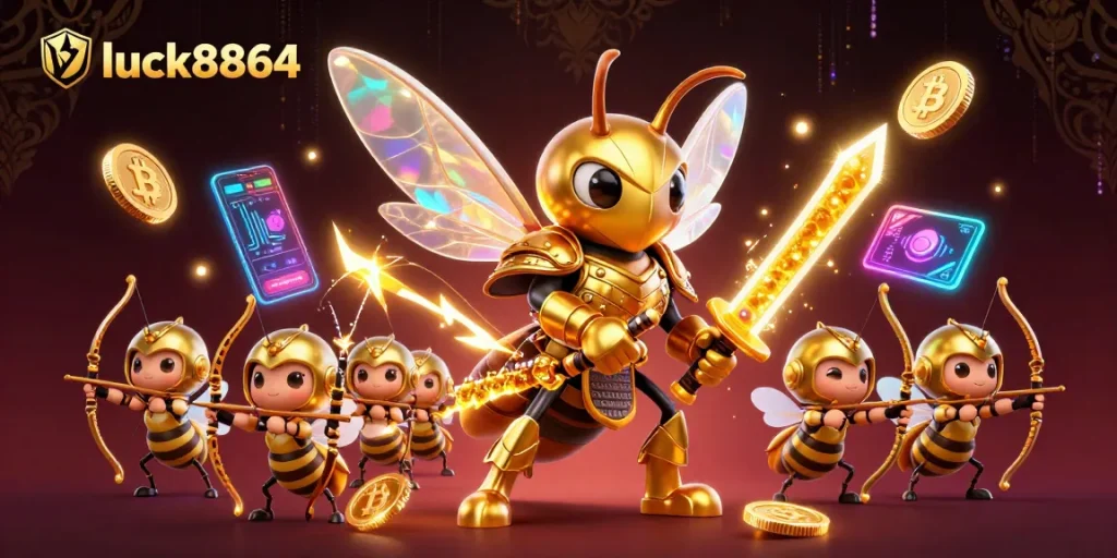Luck8864 combines a vibrant samurai-themed illustration with crypto elements for online gaming excitement.