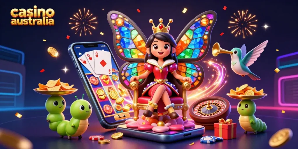 Experience the thrill of casino australia with a vibrant 3D illustration blending carnival elements and gaming excitement.