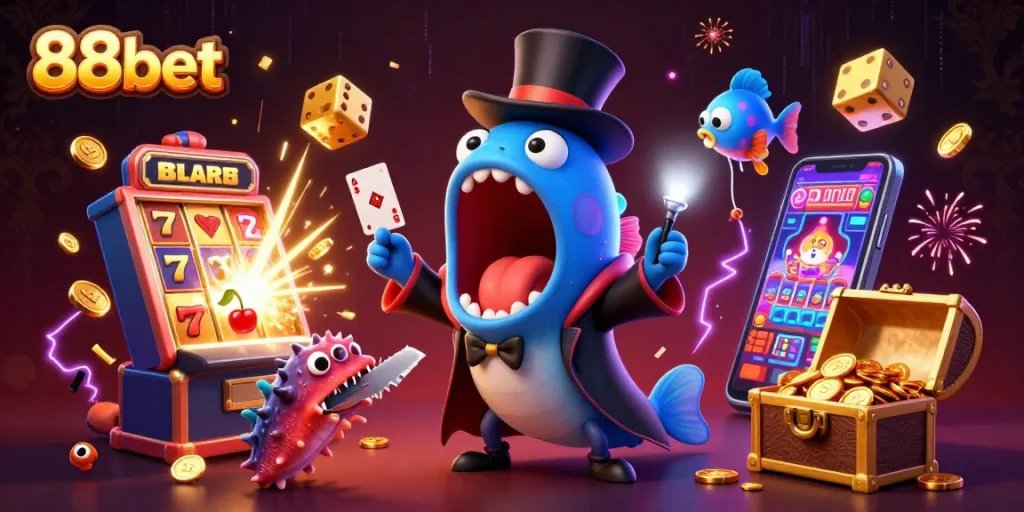 88bet's colorful casino scene featuring whimsical sea creatures performing magic acts.