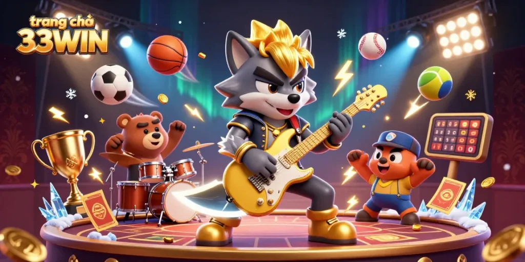 Engage with dynamic sports action on trang chủ 33WIN featuring a cartoon rock star wolf and drummer bear.