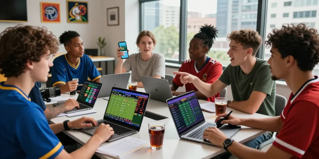 Group of friends excitedly discussing sports betting on 22Bet with live game stats displayed on devices.