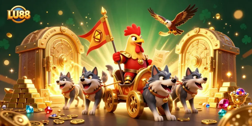 Experience the thrill of LU88 with a 3D illustration of a rooster warlord, treasure, and gaming excitement.