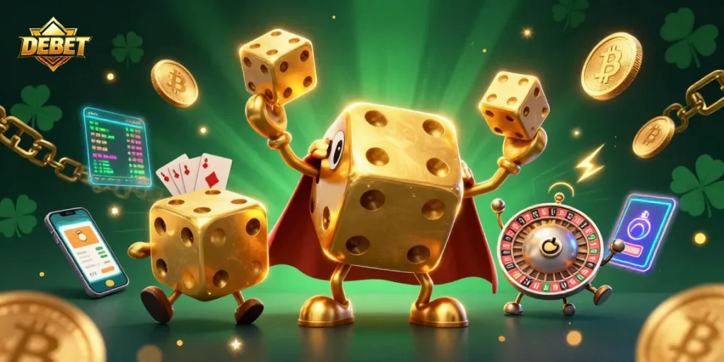Experience the thrill of DEBET with golden dice and vibrant crypto elements in a dynamic casino scene.