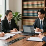 Breaking news updates with legal experts discussing client cases in a professional office.