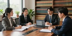 Breaking news updates with legal experts discussing client cases in a professional office.