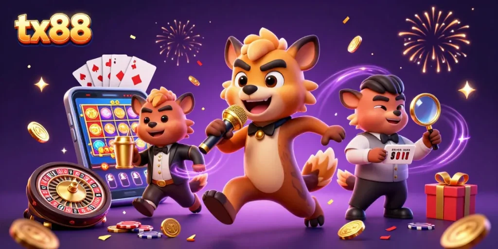 tx88 hyenas delivering comedy at a lively casino club, showcasing fun gambling elements.